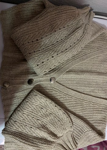 Bej V Yaka Örgü Kadın Hırka - Görsel 3