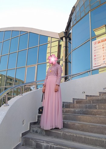 tesettür Pembe Drapeli Uzun Kol Elbise