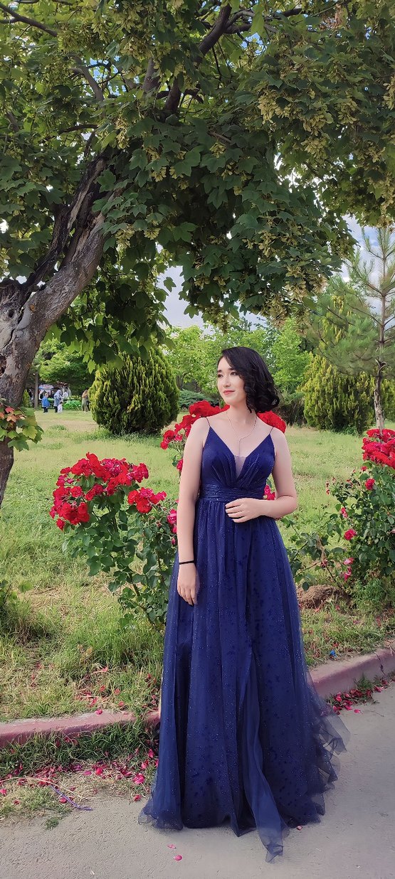 V Yaka Drapeli Lacivert Uzun Abiye - Görsel 2