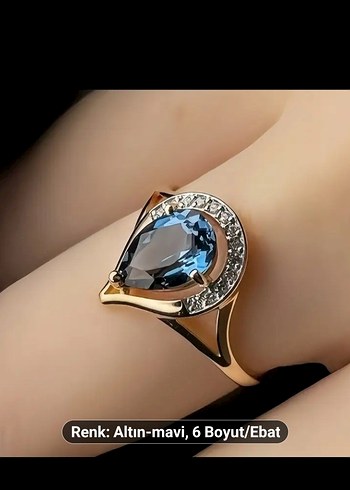 Altın Renkli Mavi Taşlı Kadın Yüzük - Görsel 3