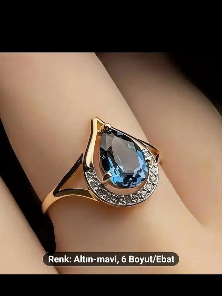Altın Renkli Mavi Taşlı Kadın Yüzük - Görsel 2