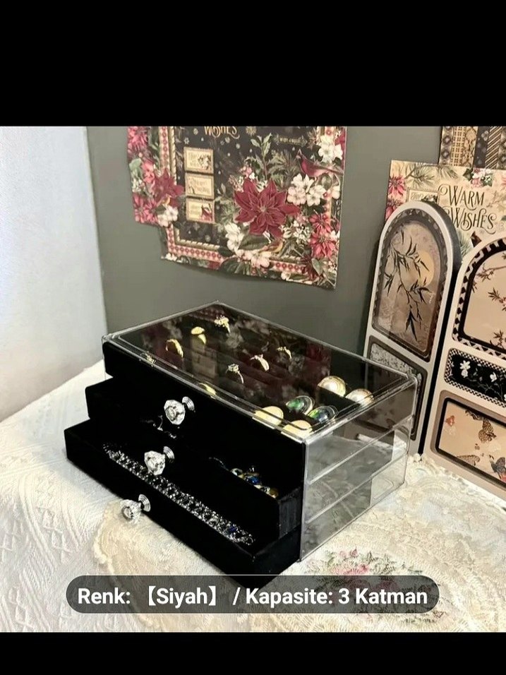 Siyah Kadife 3 Katlı Takı Organizeri - Görsel 5