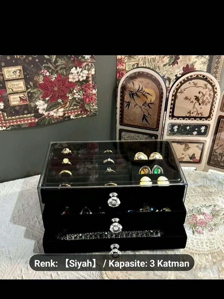 Siyah Kadife 3 Katlı Takı Organizeri - Görsel 2