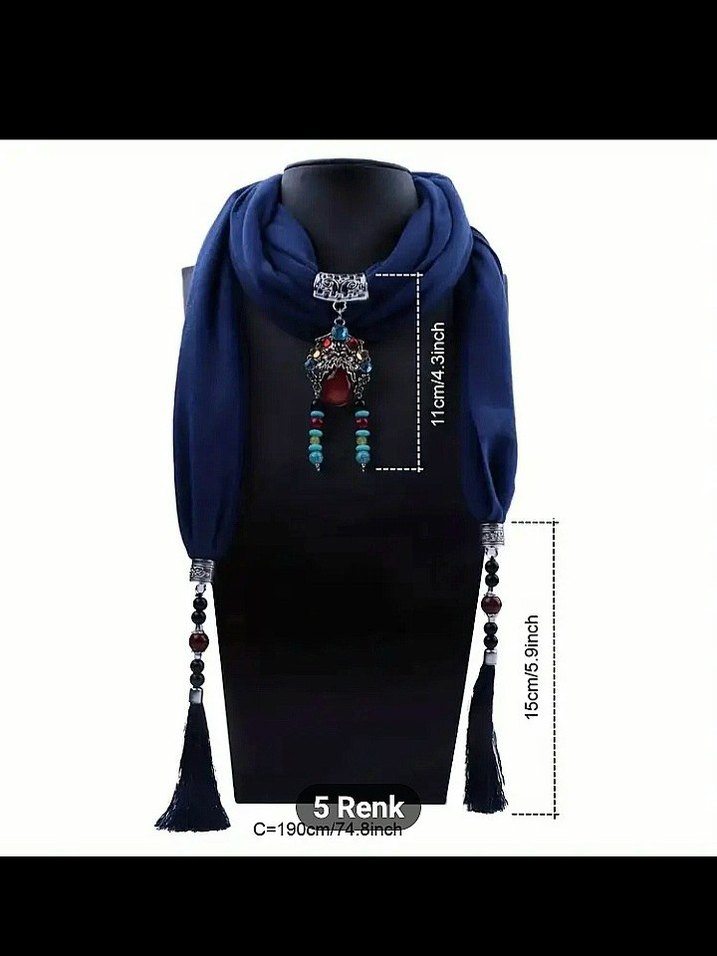 Püsküllü Bohem Kadın Şal- Kraliyet Mavisi - Görsel 2