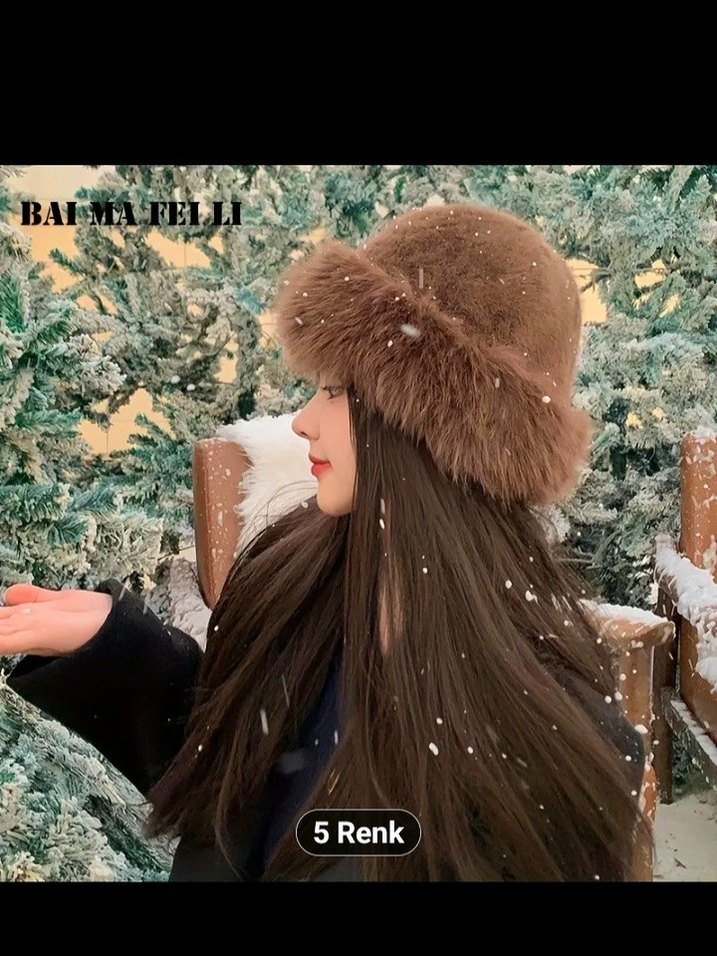 Kahverengi Kürklü Kadın Yün Şapka - Görsel 2