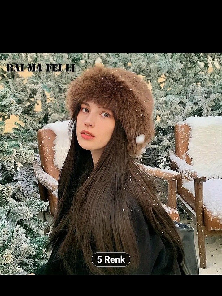 Kahverengi Kürklü Kadın Yün Şapka - Görsel 4