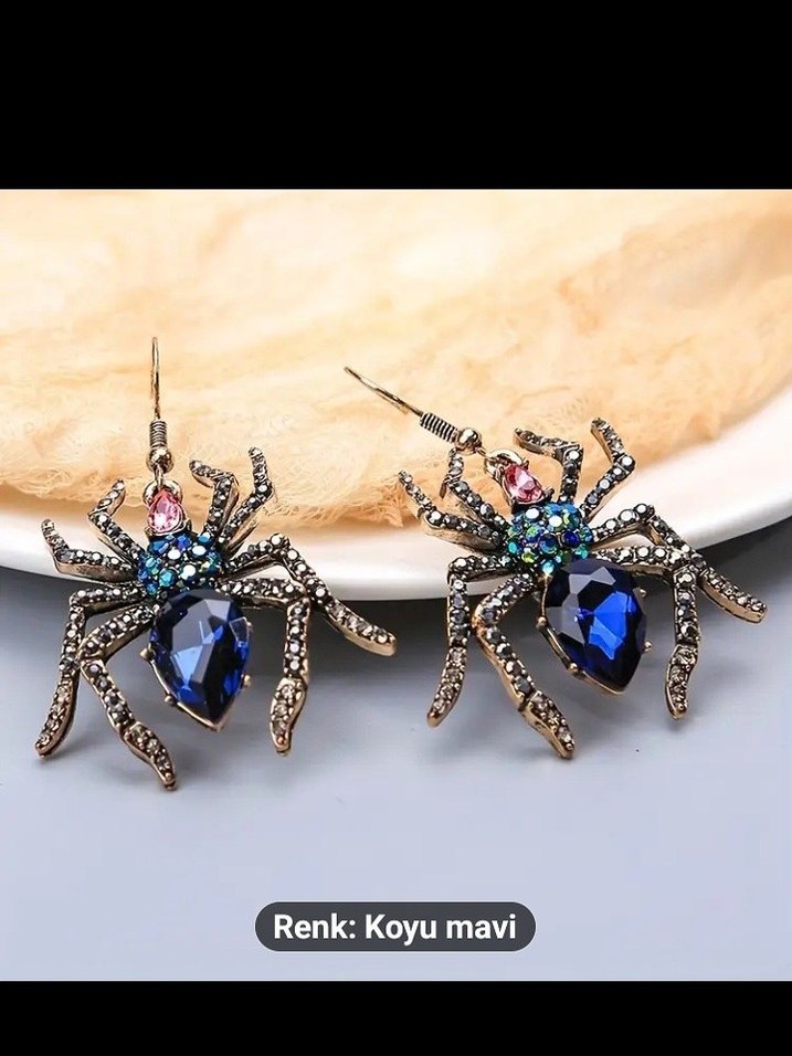 Taşlı İşlemeli Çok Renkli Örümcek Küpe - Görsel 3