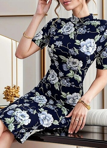 xl Beden ÇİÇEK DESENLİ ŞIK MİDİ ELBİSE