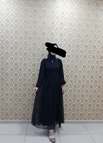38 Beden Siyah şifon abiye tesettür elbise