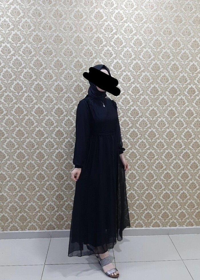 Siyah şifon abiye tesettür elbise - Görsel 2