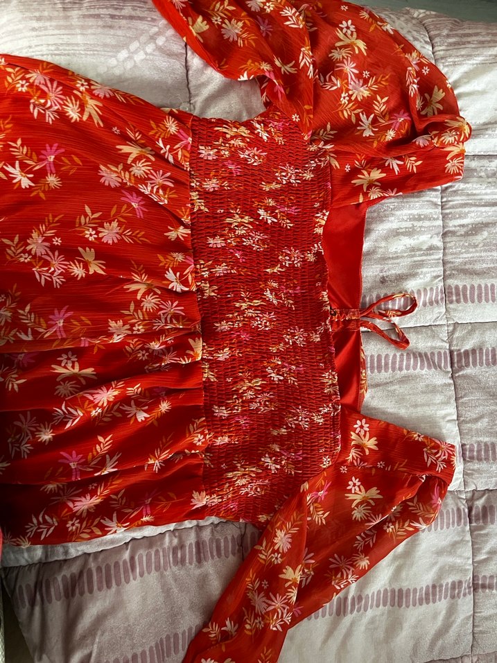 Kırmızı Drapeli Uzun Kollu Bohem Elbise - Görsel 2