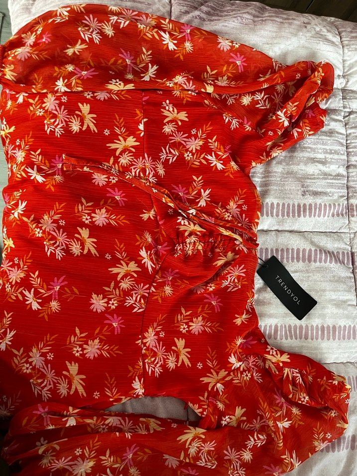 Kırmızı Drapeli Uzun Kollu Bohem Elbise - Görsel 3