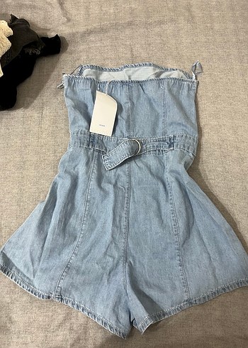 Kadın Mavi Denim Straplez Tulum - Görsel 3