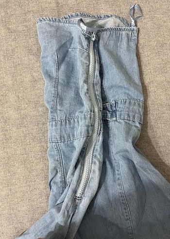 Kadın Mavi Denim Straplez Tulum - Görsel 4