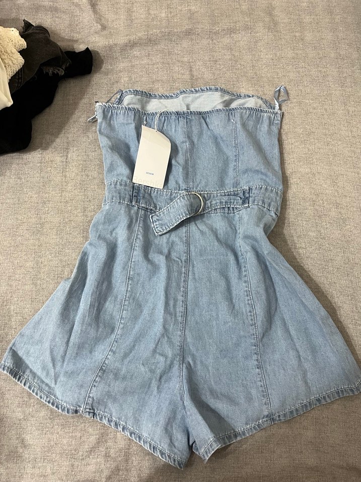 Kadın Mavi Denim Straplez Tulum - Görsel 3