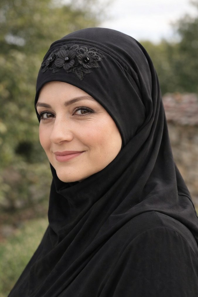 Siyah jarse takmatik eşarp - Görsel 2