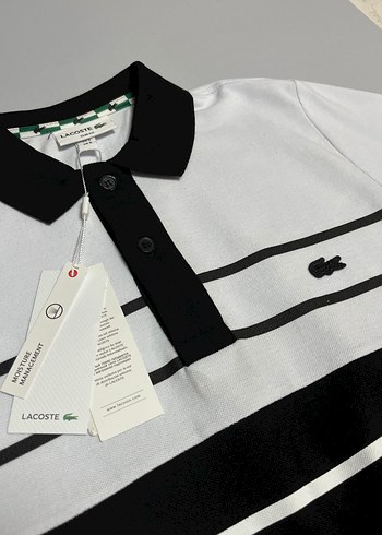Düğmeli Lacoste Erkek Beyaz Siyah Polo Tişört - Görsel 2