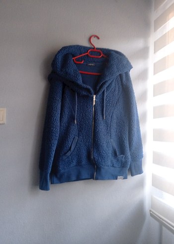 Mavi Kapüşonlu Fermuarlı polar ceket - Görsel 3