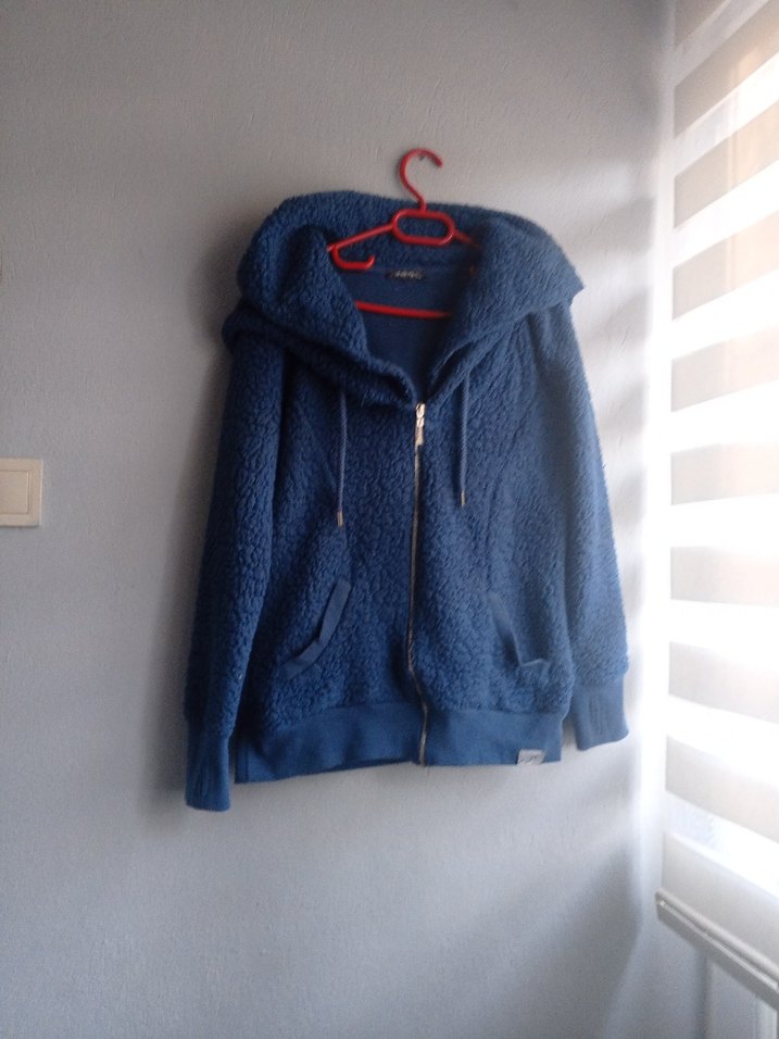 Mavi Kapüşonlu Fermuarlı polar ceket - Görsel 3