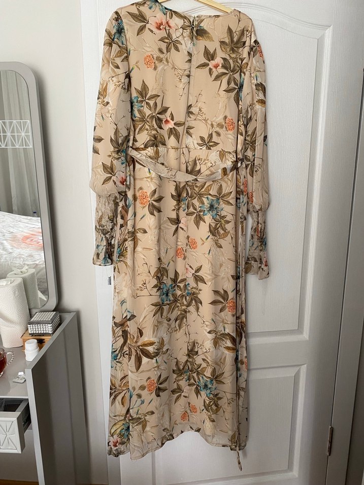 Bej Çiçek Desenli Uzun Bohem Elbise - Görsel 2