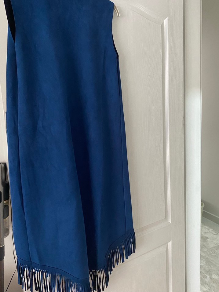 Kadın Mavi Süet Uzun Yelek - Görsel 2