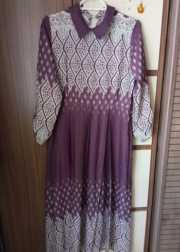 Mor Desenli Uzun Kollu Pliseli Kadın Elbise - Görsel 2