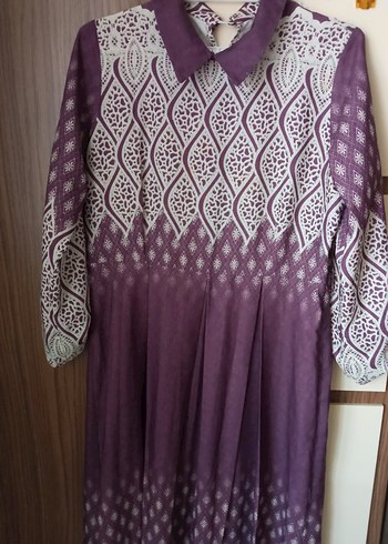 Mor Desenli Uzun Kollu Pliseli Kadın Elbise - Görsel 4