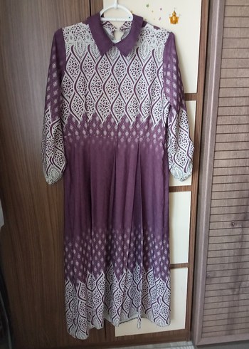 Mor Desenli Uzun Kollu Pliseli Kadın Elbise - Görsel 6