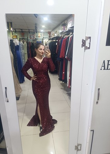 Bordo Parlak Uzun Drapeli V Yaka Abiye - Görsel 2