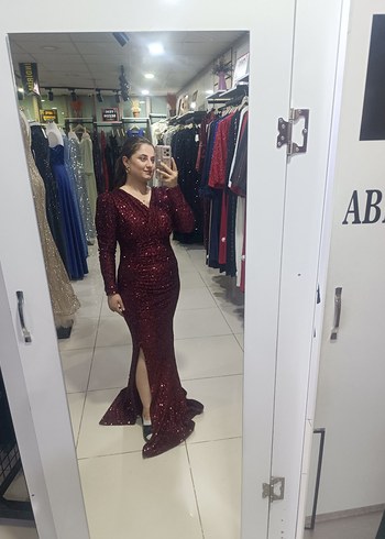 Bordo Parlak Uzun Drapeli V Yaka Abiye - Görsel 3