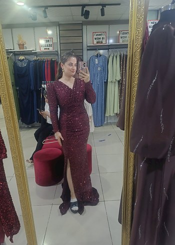 Bordo Parlak Uzun Drapeli V Yaka Abiye - Görsel 6