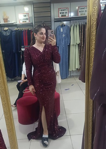 Bordo Parlak Uzun Drapeli V Yaka Abiye - Görsel 5