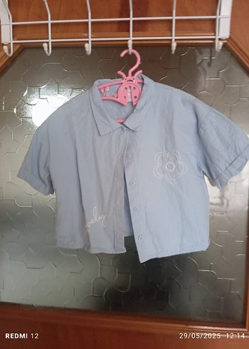 Mavi Keten Kısa Kollu Kız Bluz