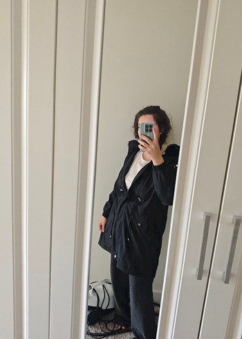 Siyah Midi Kadın Yağmurluk Notched Yaka - Görsel 3