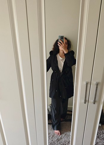 Siyah Midi Kadın Yağmurluk Notched Yaka - Görsel 2