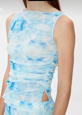 Mavi beyaz Bağlama Desenli Straplez Kadın bluz - Görsel 4