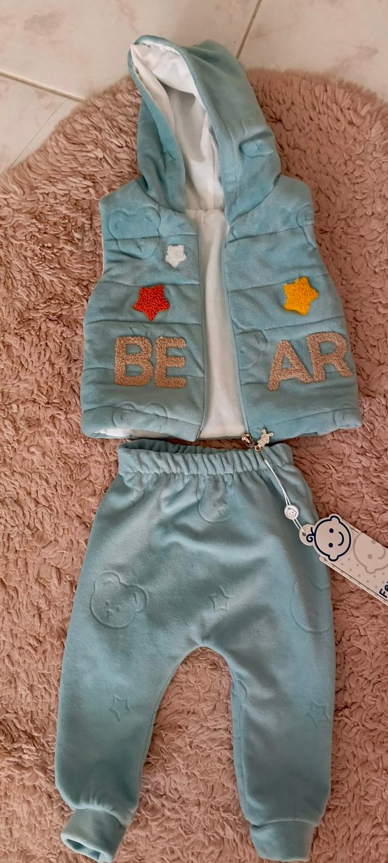 Mavi Erkek Bebek Kürklü Yelek ve Pantolon Takımı - Görsel 2