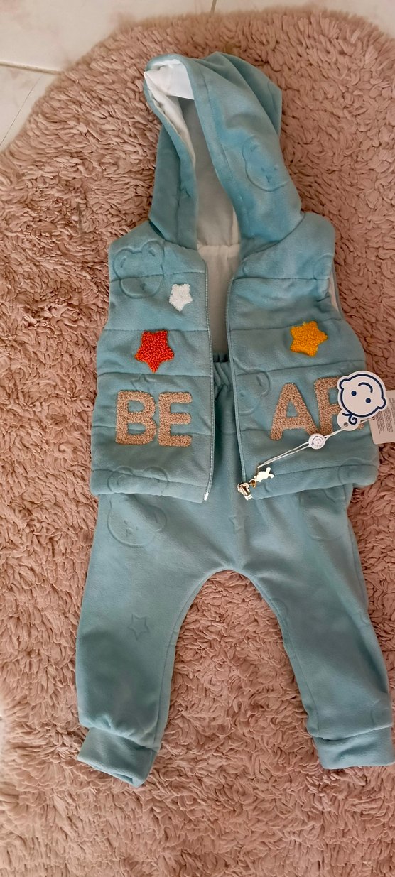 Mavi Erkek Bebek Kürklü Yelek ve Pantolon Takımı - Görsel 4