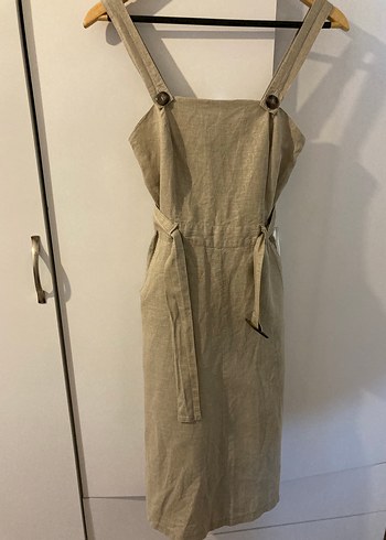 Bej Kemerli Keten Midi Elbise - Görsel 3