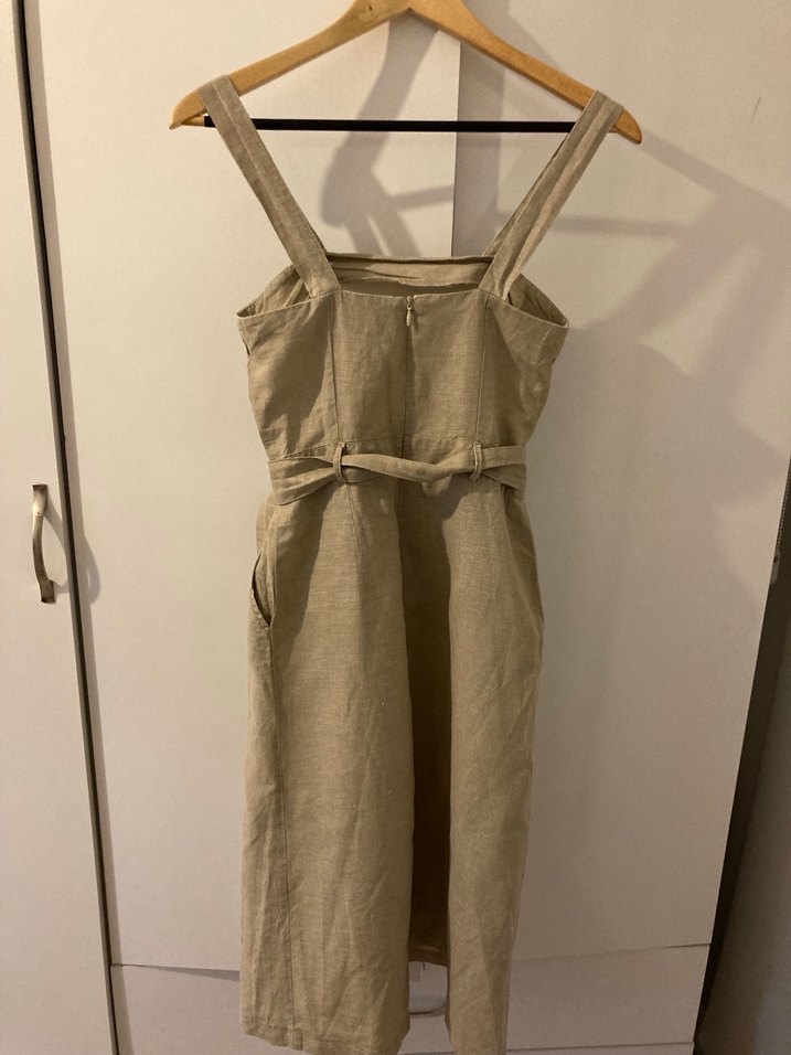 Bej Kemerli Keten Midi Elbise - Görsel 2