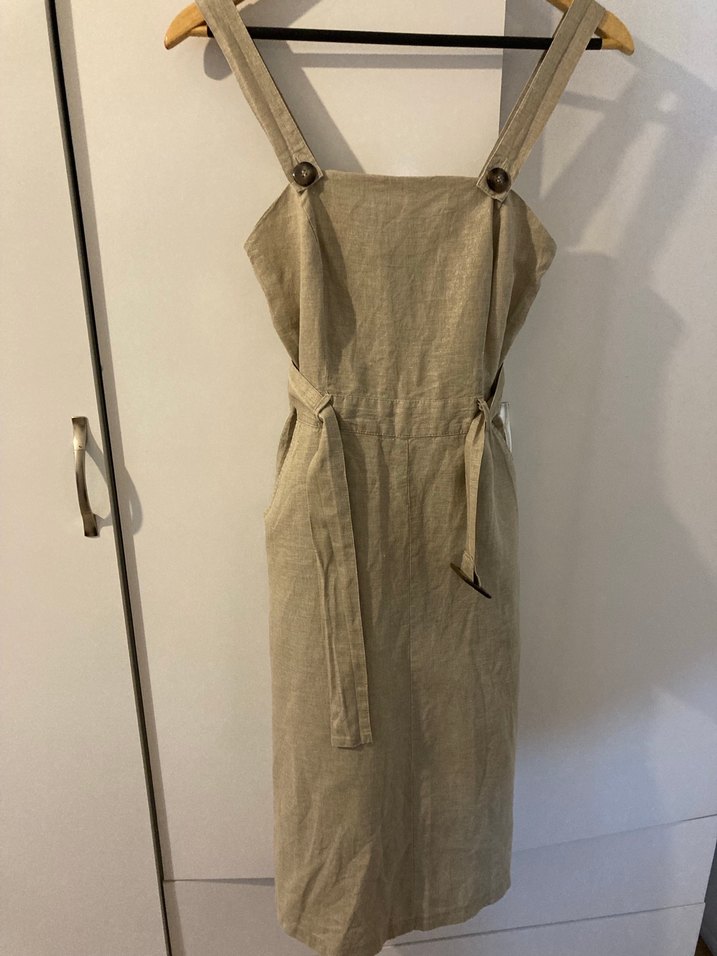 Bej Kemerli Keten Midi Elbise - Görsel 3