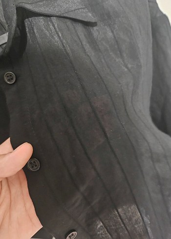 38 Beden Siyah Keten Düğmeli Kadın Gömlek