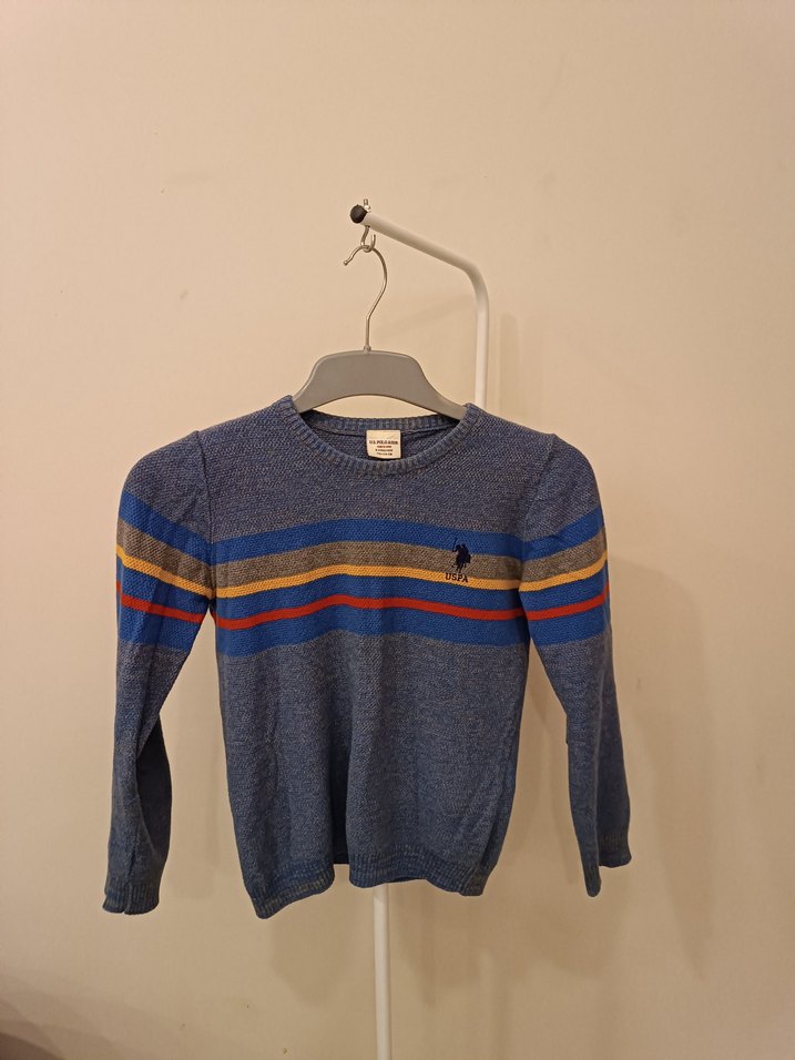 Erkek Çocuk Mavi Çizgili Örgü Yün Kazak - Görsel 3