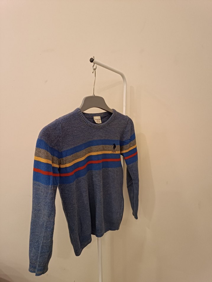 Erkek Çocuk Mavi Çizgili Örgü Yün Kazak - Görsel 2