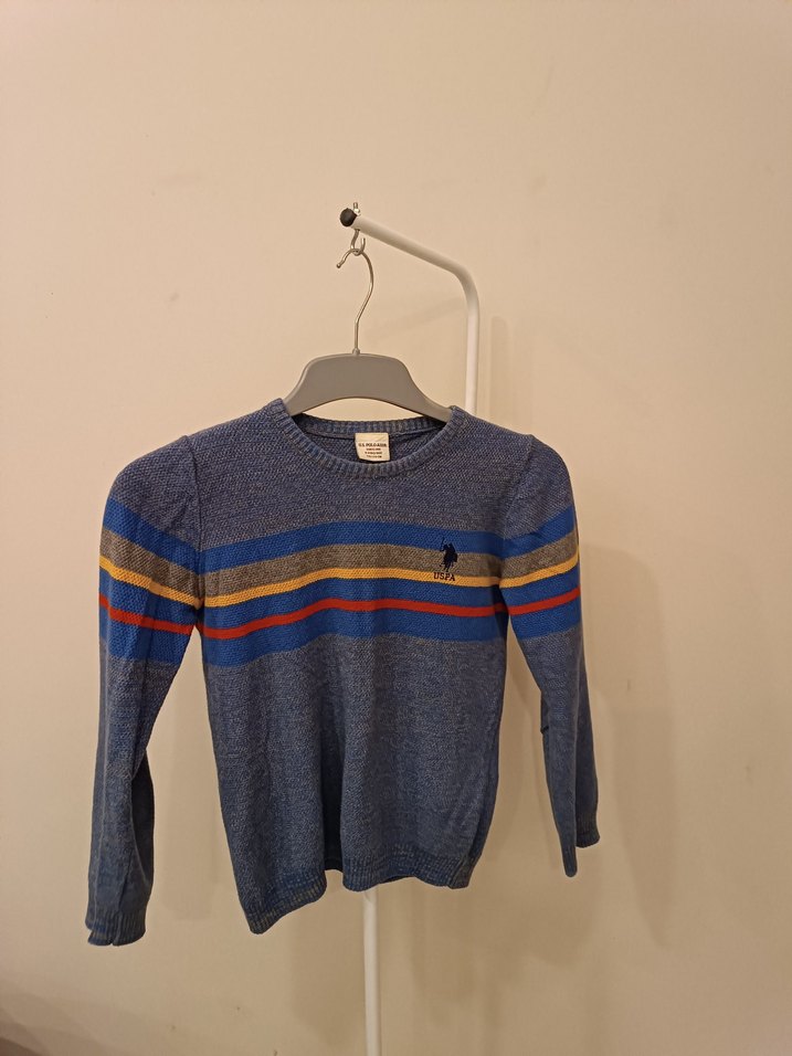 Erkek Çocuk Mavi Çizgili Örgü Yün Kazak - Görsel 4