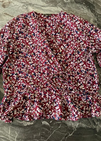 Bordo V Yaka Fırfırlı Uzun Kollu Bluz