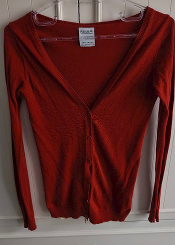 Pull and Bear Kiremit Kirmizisi V Yaka İnce Triko Hirka