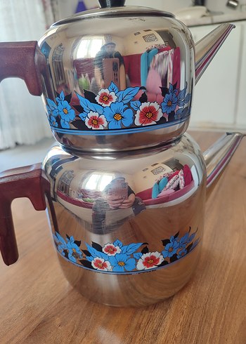 Çiçek Desenli çelik Renkli Mavi Çaydanlık - Görsel 5