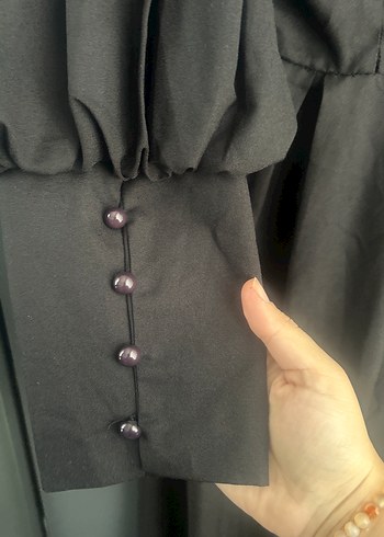 Düğmeli Siyah Uzun Keten Elbise - Görsel 5