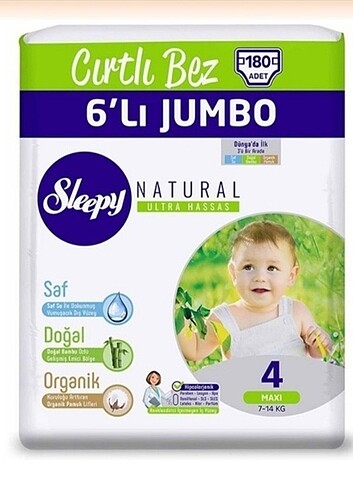 Sleepy Natural 4 Cırt Bez 180 adet 